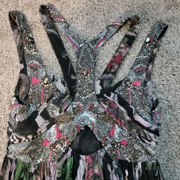 All Saints Retro Cavalry Harness Skeleton Floral Black Silk Maxi Dress Sz 10 - Picture 7 of 9